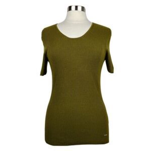 T Tahari Sweater Top M Womens Ribbed Short Sleeves Rayon Nylon Blend Stretch